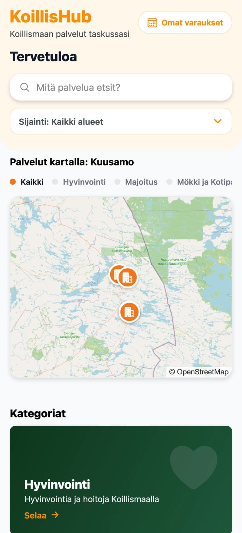 The Koillishub app on a phone: search, map and categories